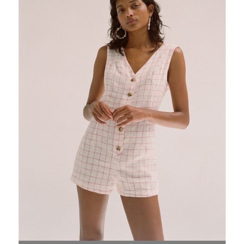 Paloma Wool Hawa Romper 100% Linen Check Patter V-Neck Womans 42/ US 10